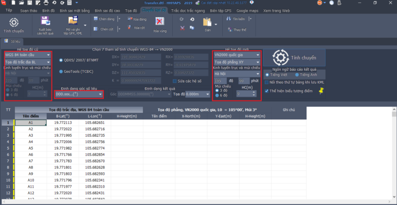 hướng dẫn chuyển đổi hệ tọa độ Vn2000 sang wgs84